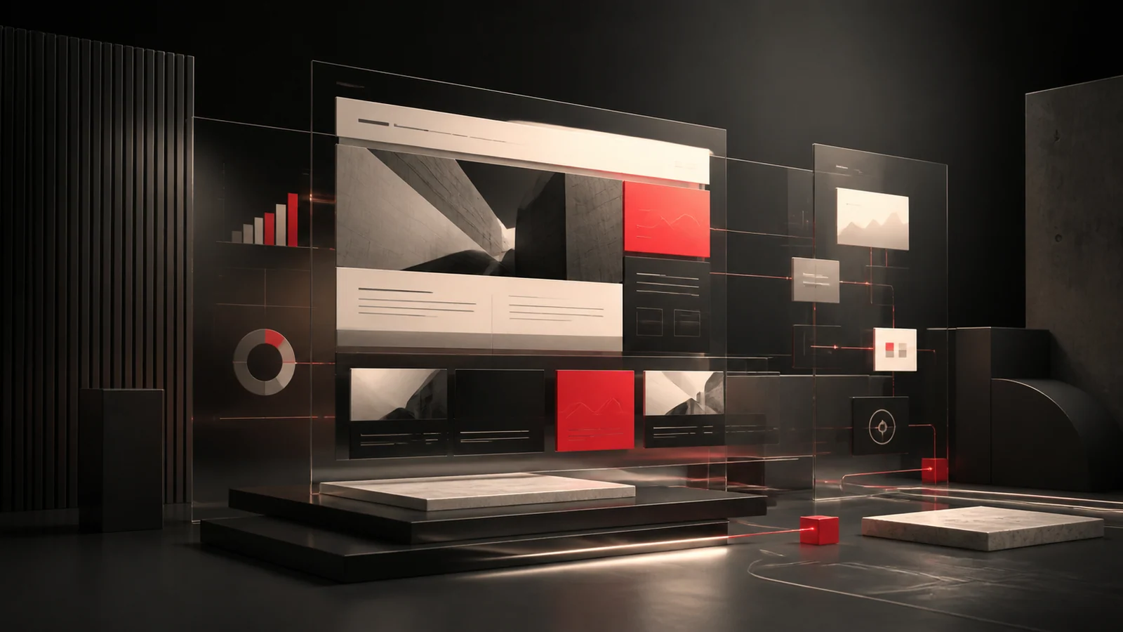 Katmanlı web arayüzü ve ölçüm akışlarını anlatan koyu renkli üç boyutlu kompozisyon